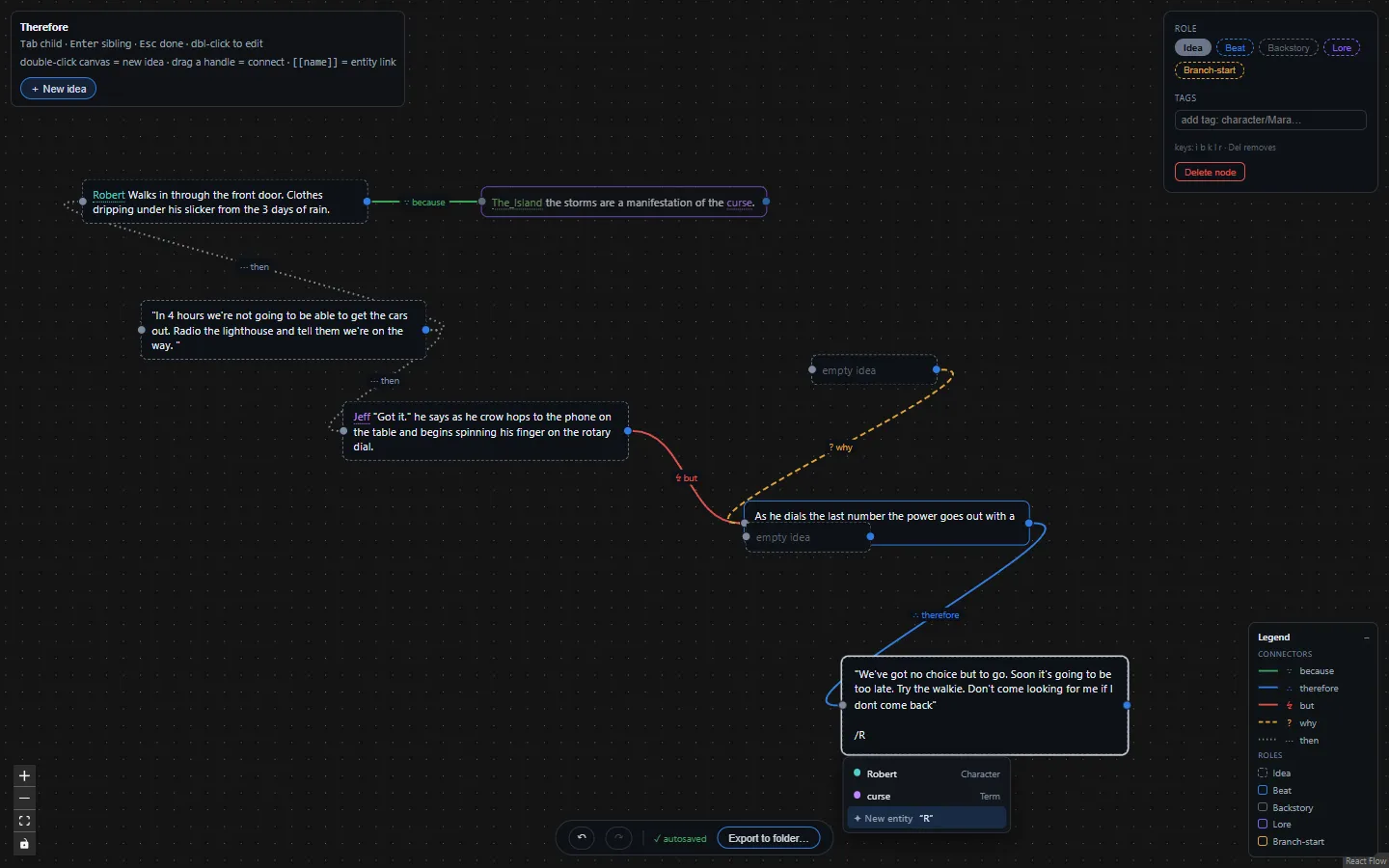 A Therefore story graph — ideas wired with because, therefore, and but connectors