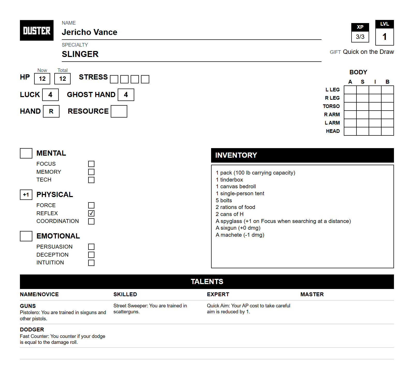 A completed Duster character sheet generated by the tool, matching the original print layout