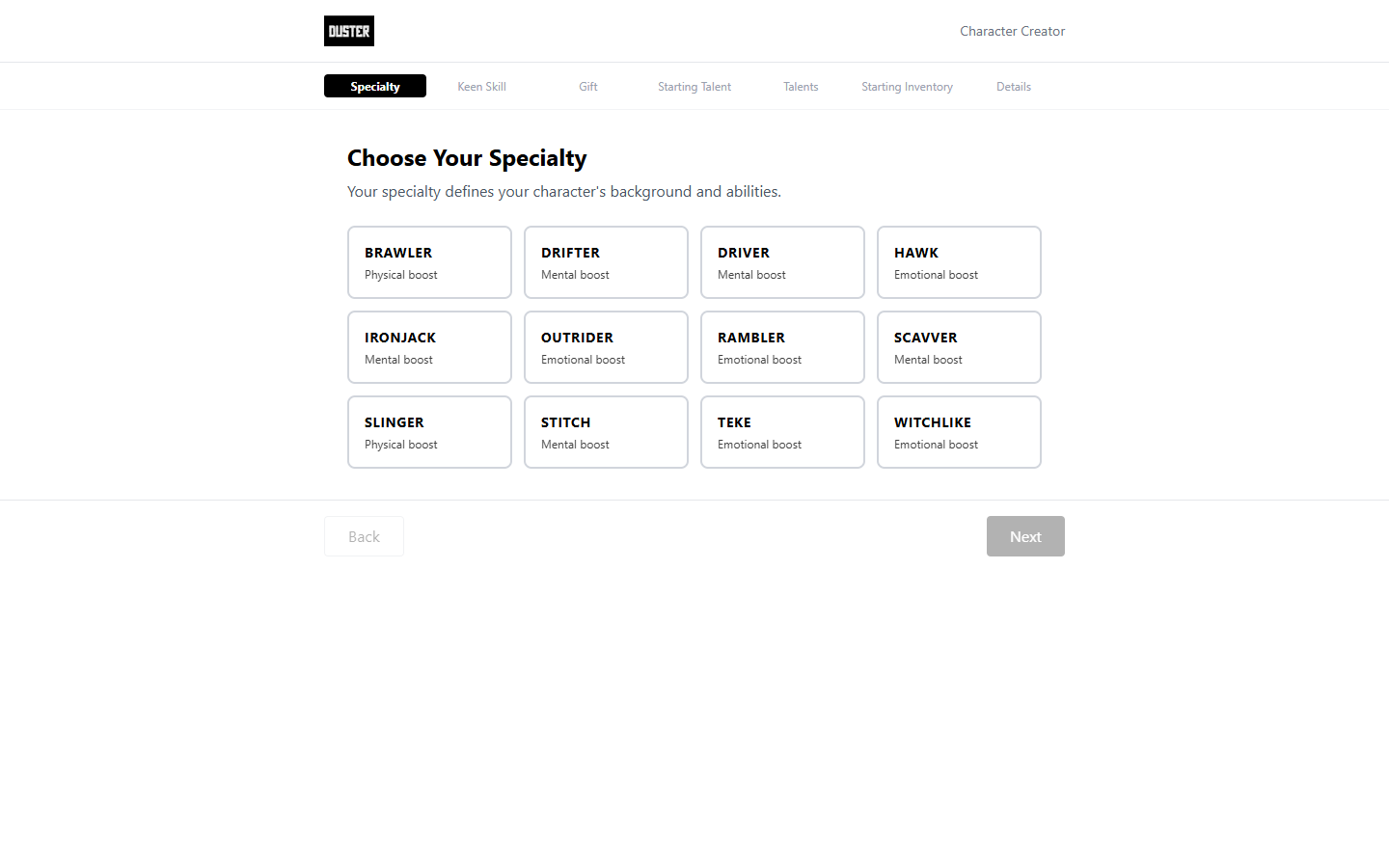 The Duster character creator — choosing a specialty